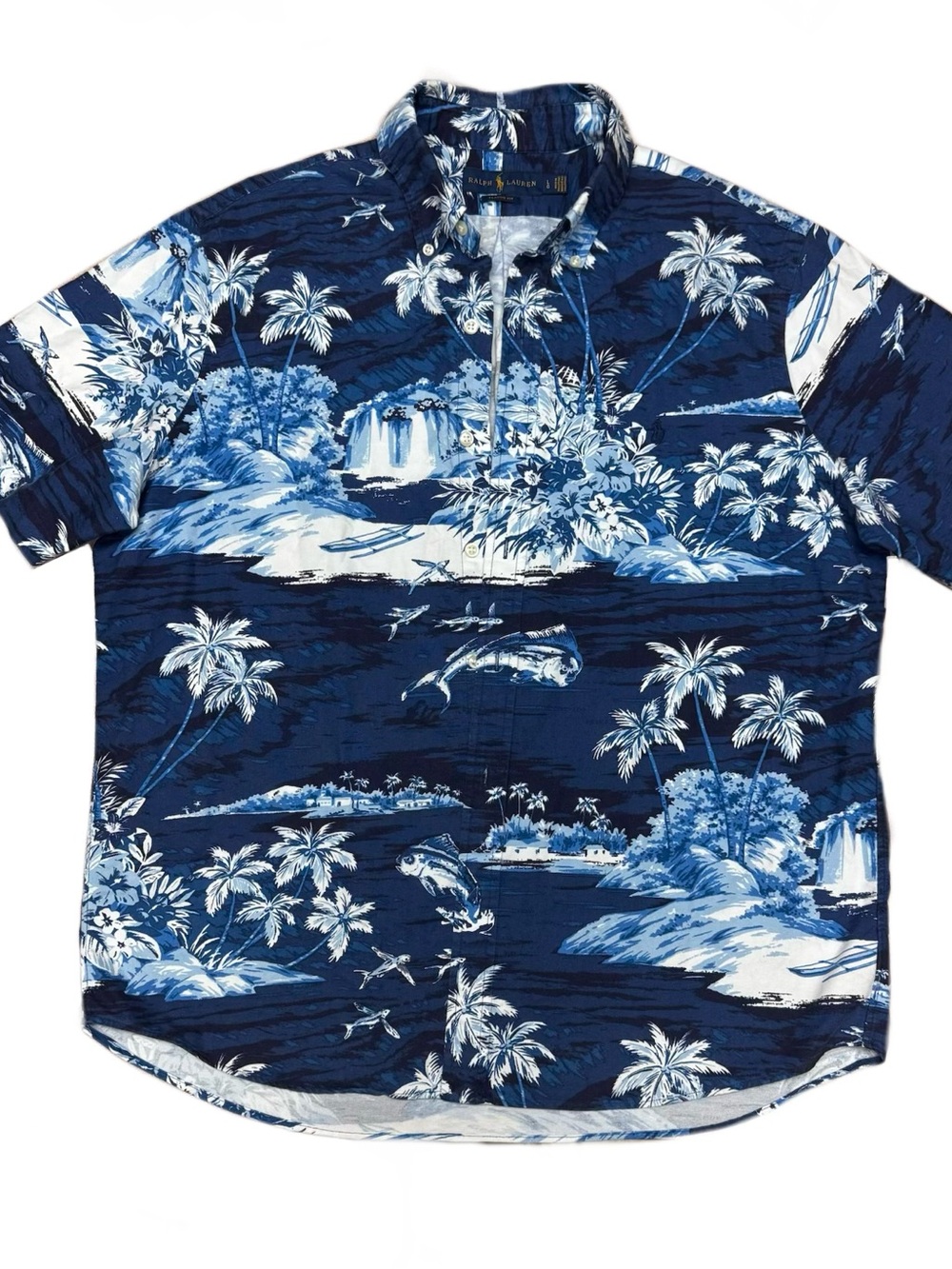 Ralph Lauren Navy & White Tropical Hawaiian Print Short-Sleeve Button-Down Shirt
